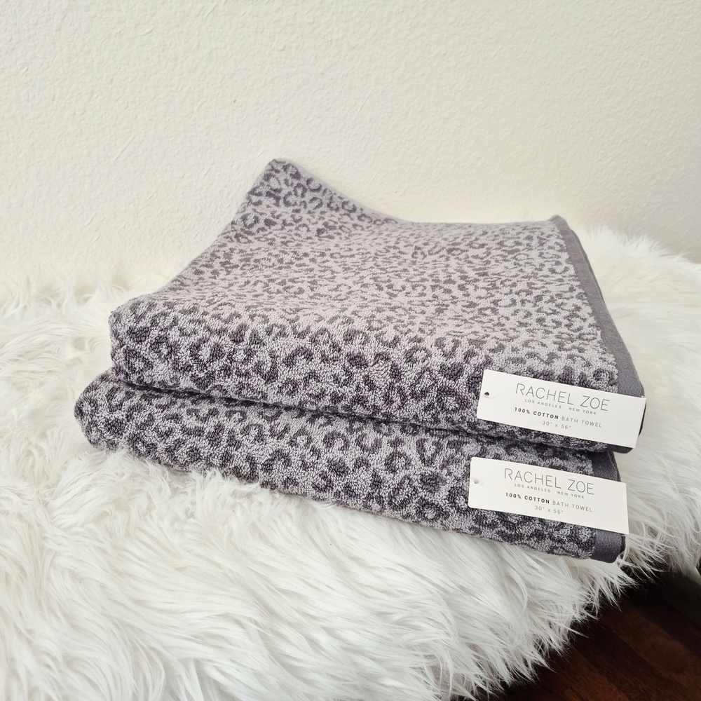 2pc set RACHEL ZOE 100% Cotton BATH Towel 30"x56" LEOPARD PRINT TWO-SIDE NEW